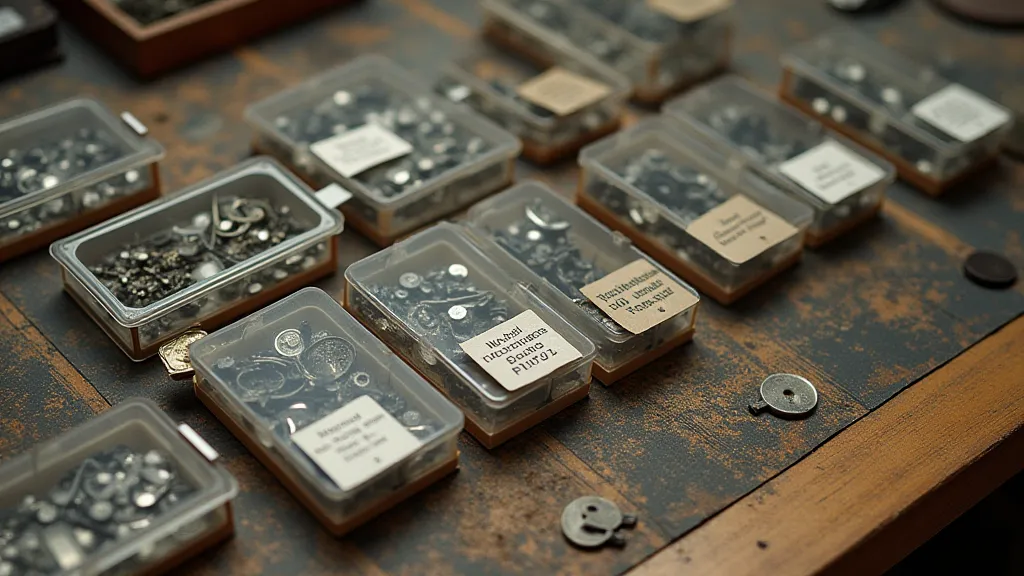 Organized clock parts in labeled containers
