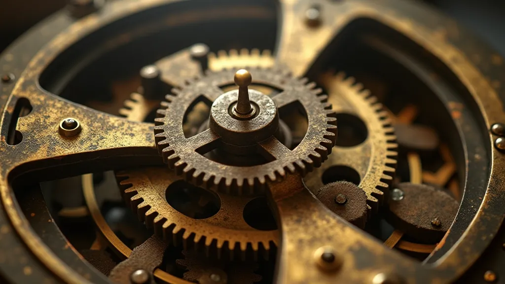 Antique clock movement showing gears.