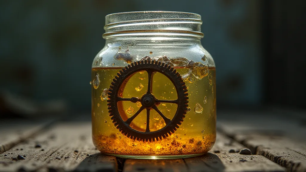 Jar of Evaporust with a rusted clock gear