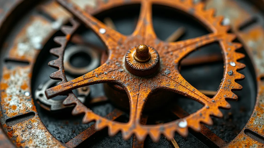 Corroded clock gear showing orange rust