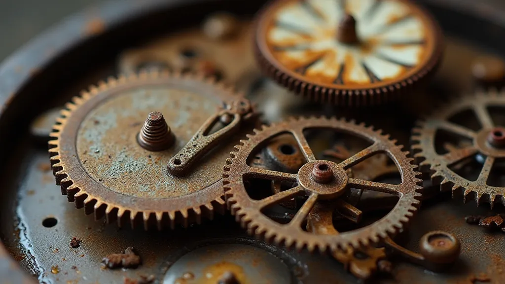 Antique clock movement showing rust