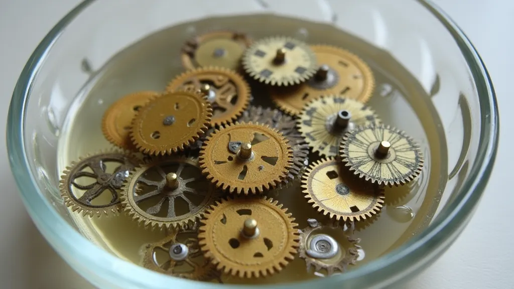 Clock gears soaking in white vinegar